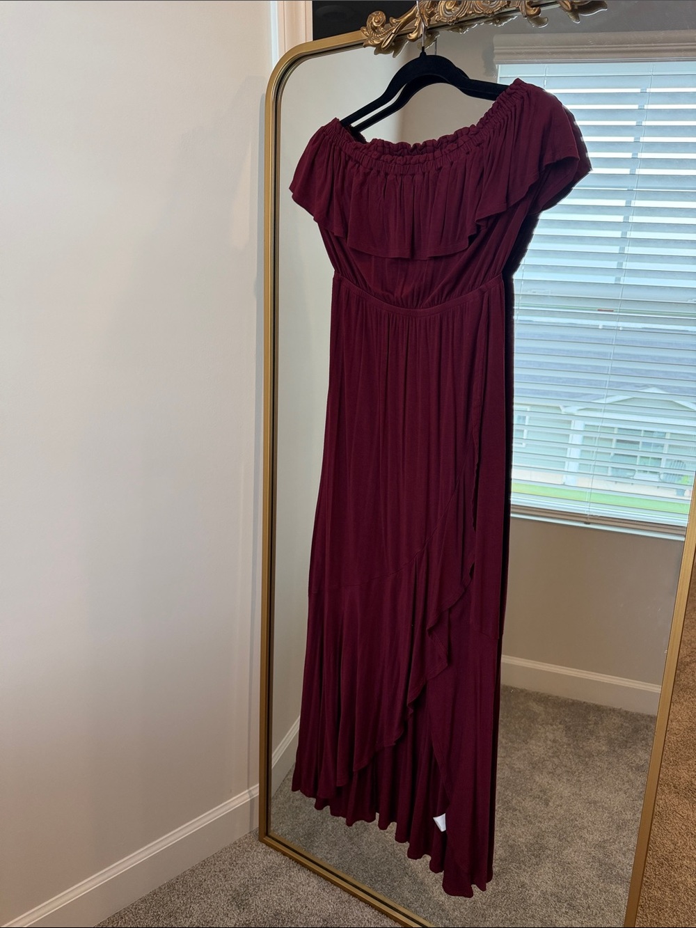 Express Off-Shoulder Burgundy Ruffle Maxi Dress